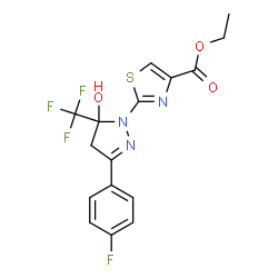 ChemSpider 2D Image | Ethyl 2-[3-(4-fluorophenyl)-5-hydroxy-5-(trifluoromethyl)-4,5-dihydro-1H-pyrazol-1-yl]-1,3-thiazole-4-carboxylate | C16H13F4N3O3S