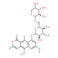 ChemSpider 2D Image | 5,7-Dimethoxy-3,10-dimethyl-1-oxo-1H-benzo[g]isochromen-9-yl 6-O-L-arabinopyranosyl-D-glucopyranoside | C28H34O14