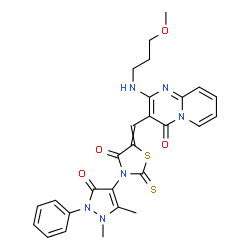 ChemSpider 2D Image | 3-{[3-(1,5-Dimethyl-3-oxo-2-phenyl-2,3-dihydro-1H-pyrazol-4-yl)-4-oxo-2-thioxo-1,3-thiazolidin-5-ylidene]methyl}-2-[(3-methoxypropyl)amino]-4H-pyrido[1,2-a]pyrimidin-4-one | C27H26N6O4S2