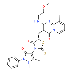 ChemSpider 2D Image | 3-{[3-(1,5-Dimethyl-3-oxo-2-phenyl-2,3-dihydro-1H-pyrazol-4-yl)-4-oxo-2-thioxo-1,3-thiazolidin-5-ylidene]methyl}-2-[(2-methoxyethyl)amino]-9-methyl-4H-pyrido[1,2-a]pyrimidin-4-one | C27H26N6O4S2