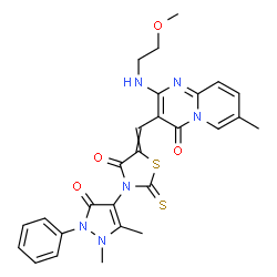 ChemSpider 2D Image | 3-{[3-(1,5-Dimethyl-3-oxo-2-phenyl-2,3-dihydro-1H-pyrazol-4-yl)-4-oxo-2-thioxo-1,3-thiazolidin-5-ylidene]methyl}-2-[(2-methoxyethyl)amino]-7-methyl-4H-pyrido[1,2-a]pyrimidin-4-one | C27H26N6O4S2