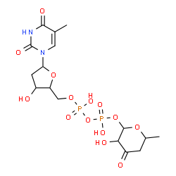 ChemSpider 2D Image | [3-Hydroxy-5-(5-methyl-2,4-dioxo-3,4-dihydro-1(2H)-pyrimidinyl)tetrahydro-2-furanyl]methyl 3-hydroxy-6-methyl-4-oxotetrahydro-2H-pyran-2-yl dihydrogen diphosphate | C16H24N2O14P2