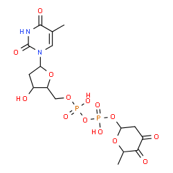 ChemSpider 2D Image | 1-{2-Deoxy-5-O-[hydroxy({hydroxy[(6-methyl-4,5-dioxotetrahydro-2H-pyran-2-yl)oxy]phosphoryl}oxy)phosphoryl]pentofuranosyl}-5-methyl-2,4(1H,3H)-pyrimidinedione | C16H22N2O14P2