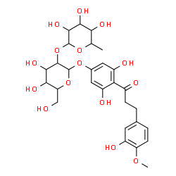 ChemSpider 2D Image | 3,5-Dihydroxy-4-[3-(3-hydroxy-4-methoxyphenyl)propanoyl]phenyl 2-O-(6-deoxyhexopyranosyl)hexopyranoside | C28H36O15