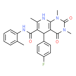 ChemSpider 2D Image | 5-(4-Fluorophenyl)-1,3,7-trimethyl-N-(2-methylphenyl)-2,4-dioxo-1,2,3,4,5,8-hexahydropyrido[2,3-d]pyrimidine-6-carboxamide | C24H23FN4O3