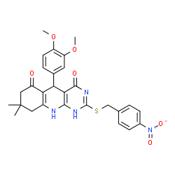 ChemSpider 2D Image | 5-(3,4-Dimethoxyphenyl)-8,8-dimethyl-2-[(4-nitrobenzyl)sulfanyl]-5,8,9,10-tetrahydropyrimido[4,5-b]quinoline-4,6(1H,7H)-dione | C28H28N4O6S