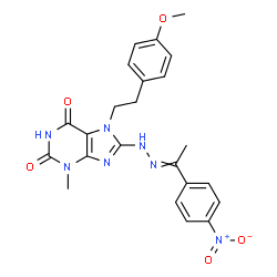 ChemSpider 2D Image | 7-[2-(4-Methoxyphenyl)ethyl]-3-methyl-8-{2-[1-(4-nitrophenyl)ethylidene]hydrazino}-3,7-dihydro-1H-purine-2,6-dione | C23H23N7O5
