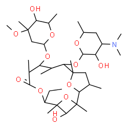 ChemSpider 2D Image | 11-{[4-(Dimethylamino)-3-hydroxy-6-methyltetrahydro-2H-pyran-2-yl]oxy}-5-ethyl-16-hydroxy-9-[(5-hydroxy-4-methoxy-4,6-dimethyltetrahydro-2H-pyran-2-yl)oxy]-2,4,8,10,12,14-hexamethyl-3,6,15-trioxatricy
clo[10.2.1.1~2,4~]hexadecan-7-one | C37H65NO12