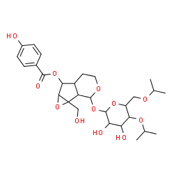 ChemSpider 2D Image | 2-[(4,6-Di-O-isopropylhexopyranosyl)oxy]-1a-(hydroxymethyl)octahydrooxireno[4,5]cyclopenta[1,2-c]pyran-6-yl 4-hydroxybenzoate | C28H40O12