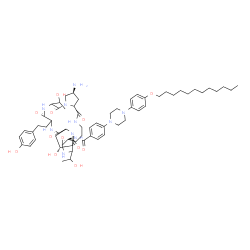 ChemSpider 2D Image | N-{(2R,9S,16S)-16-Amino-2-hydroxy-6,20-bis(1-hydroxyethyl)-23-[2-(4-hydroxyphenyl)ethyl]-5,8,14,19,22,25-hexaoxotetracosahydro-1H-dipyrrolo[2,1-c:2',1'-l][1,4,7,10,13,16]hexaazacyclohenicosin-9-yl}-4-
{4-[4-(dodecyloxy)phenyl]-1-piperazinyl}benzamide | C62H90N10O12