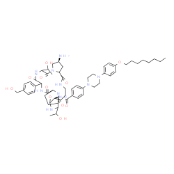 ChemSpider 2D Image | N-{(9S,16S)-16-Amino-6,20-bis(1-hydroxyethyl)-23-[4-(hydroxymethyl)phenyl]-5,8,14,19,22,25-hexaoxotetracosahydro-1H-dipyrrolo[2,1-c:2',1'-l][1,4,7,10,13,16]hexaazacyclohenicosin-9-yl}-4-{4-[4-(octylox
y)phenyl]-1-piperazinyl}benzamide | C57H80N10O11