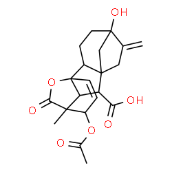 ChemSpider 2D Image | 12-Acetoxy-5-hydroxy-11-methyl-6-methylene-16-oxo-15-oxapentacyclo[9.3.2.1~5,8~.0~1,10~.0~2,8~]heptadec-13-ene-9-carboxylic acid | C21H24O7