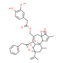 ChemSpider 2D Image | (13-Benzyl-6-hydroxy-15-isopropenyl-4,17-dimethyl-5-oxo-12,14,18-trioxapentacyclo[11.4.1.0~1,10~.0~2,6~.0~11,15~]octadeca-3,8-dien-8-yl)methyl (4-hydroxy-3-methoxyphenyl)acetate | C37H40O9