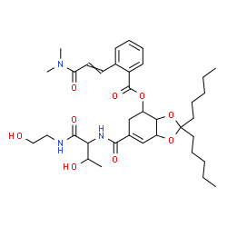 ChemSpider 2D Image | 6-({3-Hydroxy-1-[(2-hydroxyethyl)amino]-1-oxo-2-butanyl}carbamoyl)-2,2-dipentyl-3a,4,5,7a-tetrahydro-1,3-benzodioxol-4-yl 2-[3-(dimethylamino)-3-oxo-1-propen-1-yl]benzoate | C36H53N3O9