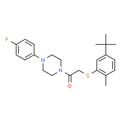 ChemSpider 2D Image | 1-[4-(4-Fluorophenyl)-1-piperazinyl]-2-{[2-methyl-5-(2-methyl-2-propanyl)phenyl]sulfanyl}ethanone | C23H29FN2OS