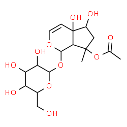 ChemSpider 2D Image | 1-(Hexopyranosyloxy)-4a,5-dihydroxy-7-methyl-1,4a,5,6,7,7a-hexahydrocyclopenta[c]pyran-7-yl acetate | C17H26O11