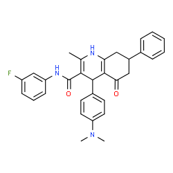 ChemSpider 2D Image | 4-[4-(Dimethylamino)phenyl]-N-(3-fluorophenyl)-2-methyl-5-oxo-7-phenyl-1,4,5,6,7,8-hexahydro-3-quinolinecarboxamide | C31H30FN3O2