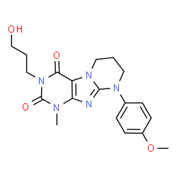 ChemSpider 2D Image | 3-(3-Hydroxypropyl)-9-(4-methoxyphenyl)-1-methyl-6,7,8,9-tetrahydropyrimido[2,1-f]purine-2,4(1H,3H)-dione | C19H23N5O4