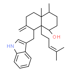 ChemSpider 2D Image | 8-(1H-Indol-3-ylmethyl)-4,4a-dimethyl-7-methylene-8a-(4-methyl-3-penten-1-yl)decahydro-1-naphthalenol | C28H39NO