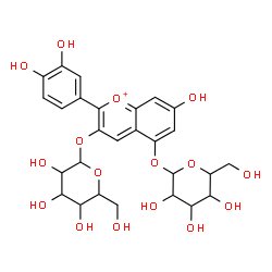 ChemSpider 2D Image | 2-(3,4-Dihydroxyphenyl)-3-(hexopyranosyloxy)-7-hydroxy-5-chromeniumyl hexopyranoside | C27H31O16