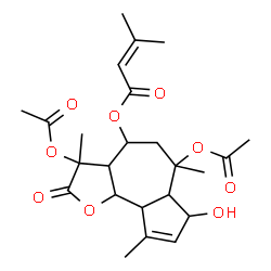 ChemSpider 2D Image | 3,6-Diacetoxy-7-hydroxy-3,6,9-trimethyl-2-oxo-2,3,3a,4,5,6,6a,7,9a,9b-decahydroazuleno[4,5-b]furan-4-yl 3-methyl-2-butenoate | C24H32O9