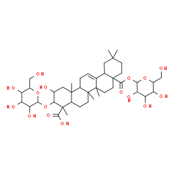 ChemSpider 2D Image | 1-O-[3-(Hexopyranosyloxy)-2,23-dihydroxy-23,28-dioxoolean-12-en-28-yl]hexopyranose | C42H66O16