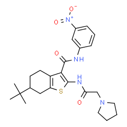 ChemSpider 2D Image | 6-(2-Methyl-2-propanyl)-N-(3-nitrophenyl)-2-[(1-pyrrolidinylacetyl)amino]-4,5,6,7-tetrahydro-1-benzothiophene-3-carboxamide | C25H32N4O4S