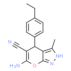 ChemSpider 2D Image | 6-amino-4-(4-ethylphenyl)-3-methyl-1,4-dihydropyrano[2,3-c]pyrazole-5-carbonitrile | C16H16N4O