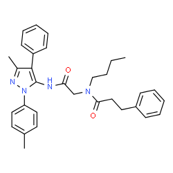 ChemSpider 2D Image | N-Butyl-N-(2-{[3-methyl-1-(4-methylphenyl)-4-phenyl-1H-pyrazol-5-yl]amino}-2-oxoethyl)-3-phenylpropanamide | C32H36N4O2