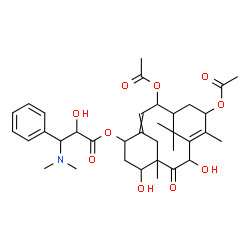 ChemSpider 2D Image | 2,13-Diacetoxy-7,10-dihydroxy-8,12,15,15-tetramethyl-9-oxotricyclo[9.3.1.1~4,8~]hexadeca-3,11-dien-5-yl 3-(dimethylamino)-2-hydroxy-3-phenylpropanoate | C35H47NO10