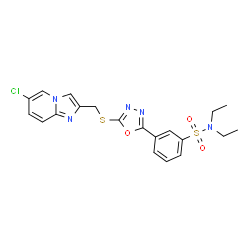 ChemSpider 2D Image | 3-(5-{[(6-Chloroimidazo[1,2-a]pyridin-2-yl)methyl]sulfanyl}-1,3,4-oxadiazol-2-yl)-N,N-diethylbenzenesulfonamide | C20H20ClN5O3S2