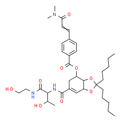 ChemSpider 2D Image | 6-({3-Hydroxy-1-[(2-hydroxyethyl)amino]-1-oxo-2-butanyl}carbamoyl)-2,2-dipentyl-3a,4,5,7a-tetrahydro-1,3-benzodioxol-4-yl 4-[3-(dimethylamino)-3-oxo-1-propen-1-yl]benzoate | C36H53N3O9