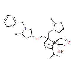 ChemSpider 2D Image | (4R,5R,8R)-2-({[(3R,5S)-1-Benzyl-5-methyl-3-pyrrolidinyl]oxy}methyl)-9-formyl-13-isopropyl-5-methyltetracyclo[7.4.0.0~2,11~.0~4,8~]tridec-12-ene-1-carboxylic acid | C32H43NO4