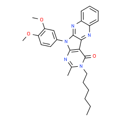ChemSpider 2D Image | 11-(3,4-Dimethoxyphenyl)-3-hexyl-2-methyl-3,11-dihydro-4H-pyrimido[5',4':4,5]pyrrolo[2,3-b]quinoxalin-4-one | C27H29N5O3