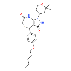 ChemSpider 2D Image | 1-(2,2-Dimethyltetrahydro-2H-pyran-4-yl)-4-[4-(pentyloxy)phenyl]-4,8-dihydro-1H-pyrazolo[3,4-e][1,4]thiazepine-3,7(2H,6H)-dione | C24H33N3O4S
