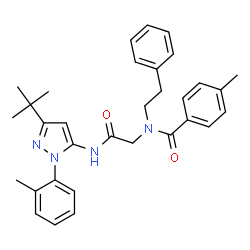 ChemSpider 2D Image | 4-Methyl-N-(2-{[1-(2-methylphenyl)-3-(2-methyl-2-propanyl)-1H-pyrazol-5-yl]amino}-2-oxoethyl)-N-(2-phenylethyl)benzamide | C32H36N4O2