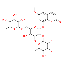 ChemSpider 2D Image | 6-Methoxy-2-oxo-2H-chromen-8-yl 6-deoxyhexopyranosyl-(1->2)-[6-deoxyhexopyranosyl-(1->6)]hexopyranoside | C28H38O17