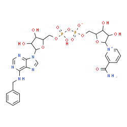 ChemSpider 2D Image | [[5-[6-(benzylamino)purin-9-yl]-3,4-dihydroxy-tetrahydrofuran-2-yl]methoxy-hydroxy-phosphoryl] [5-(3-carbamoylpyridin-1-ium-1-yl)-3,4-dihydroxy-tetrahydrofuran-2-yl]methyl phosphate | C28H33N7O14P2