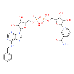 ChemSpider 2D Image | [5-[6-(benzylamino)purin-9-yl]-3,4-dihydroxy-tetrahydrofuran-2-yl]methyl [[5-(3-carbamoylpyridin-1-ium-1-yl)-3,4-dihydroxy-tetrahydrofuran-2-yl]methoxy-hydroxy-phosphoryl] hydrogen phosphate | C28H34N7O14P2