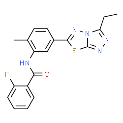 ChemSpider 2D Image | N-[5-(3-Ethyl[1,2,4]triazolo[3,4-b][1,3,4]thiadiazol-6-yl)-2-methylphenyl]-2-fluorobenzamide | C19H16FN5OS