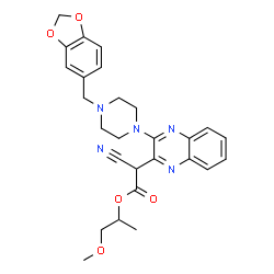 ChemSpider 2D Image | 1-Methoxy-2-propanyl {3-[4-(1,3-benzodioxol-5-ylmethyl)-1-piperazinyl]-2-quinoxalinyl}(cyano)acetate | C27H29N5O5