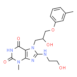 ChemSpider 2D Image | 8-[(2-Hydroxyethyl)amino]-7-[2-hydroxy-3-(3-methylphenoxy)propyl]-3-methyl-3,7-dihydro-1H-purine-2,6-dione | C18H23N5O5