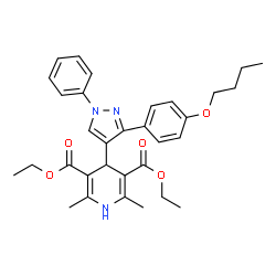 ChemSpider 2D Image | Diethyl 4-[3-(4-butoxyphenyl)-1-phenyl-1H-pyrazol-4-yl]-2,6-dimethyl-1,4-dihydro-3,5-pyridinedicarboxylate | C32H37N3O5