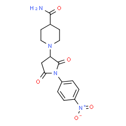 ChemSpider 2D Image | 1-[1-(4-Nitrophenyl)-2,5-dioxo-3-pyrrolidinyl]-4-piperidinecarboxamide | C16H18N4O5