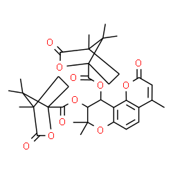 ChemSpider 2D Image | 4,8,8-Trimethyl-2-oxo-9,10-dihydro-2H,8H-pyrano[2,3-f]chromene-9,10-diyl bis(4,7,7-trimethyl-3-oxo-2-oxabicyclo[2.2.1]heptane-1-carboxylate) | C35H40O11