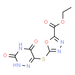 ChemSpider 2D Image | Ethyl 5-[(3,5-dioxo-2,3,4,5-tetrahydro-1,2,4-triazin-6-yl)sulfanyl]-1,3,4-oxadiazole-2-carboxylate | C8H7N5O5S