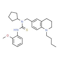 ChemSpider 2D Image | 1-[(1-Butyl-1,2,3,4-tetrahydro-6-quinolinyl)methyl]-1-cyclopentyl-3-(2-methoxyphenyl)thiourea | C27H37N3OS