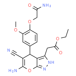 ChemSpider 2D Image | Ethyl {6-amino-4-[4-(2-amino-2-oxoethoxy)-3-methoxyphenyl]-5-cyano-2,4-dihydropyrano[2,3-c]pyrazol-3-yl}acetate | C20H21N5O6