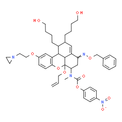 ChemSpider 2D Image | 4-Nitrophenyl [6a-(allyloxy)-10-[2-(1-aziridinyl)ethoxy]-4-[(benzyloxy)imino]-1,2-bis(4-hydroxybutyl)-1,2,4,5,6,6a,11b,11c-octahydrobenzo[kl]xanthen-6-yl]methylcarbamate | C46H56N4O10