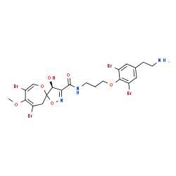 ChemSpider 2D Image | (4S)-N-{3-[4-(2-Aminoethyl)-2,6-dibromophenoxy]propyl}-8,10-dibromo-4-hydroxy-9-methoxy-1,6-dioxa-2-azaspiro[4.6]undeca-2,7,9-triene-3-carboxamide | C21H23Br4N3O6